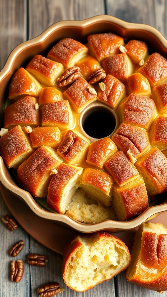 A bundt pan of monkey bread with cinnamon sugar and nuts, served on a rustic table.